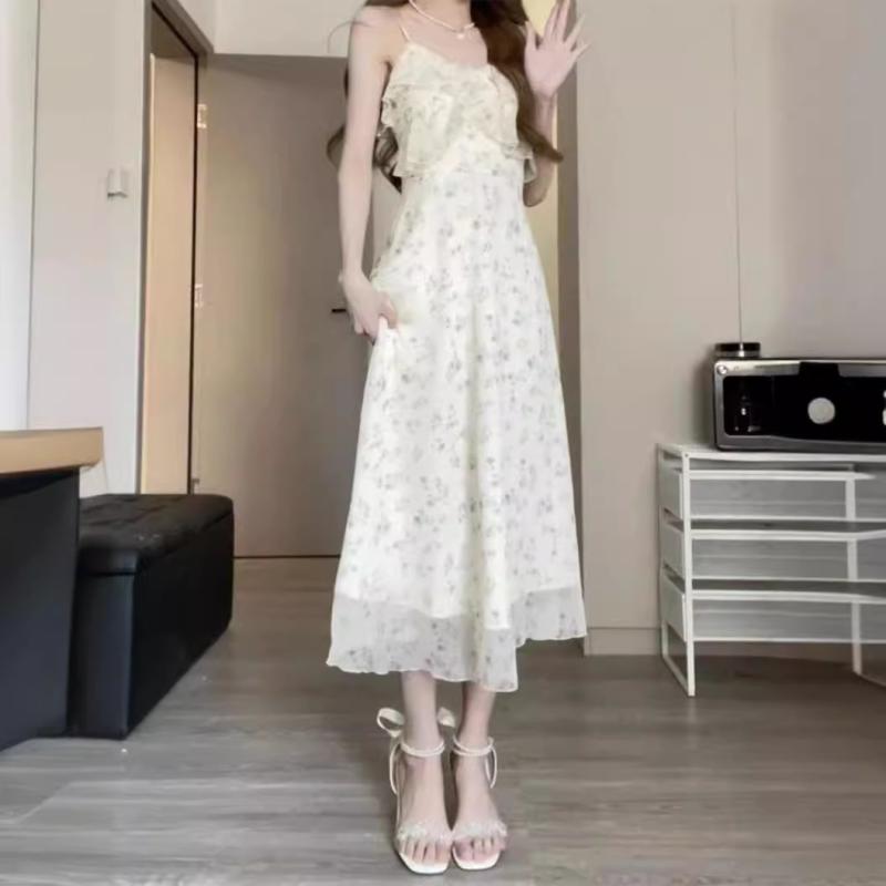 ワンピース レディース 花柄 キャミワンピース フレンチレトロ Vネック 高腰 Aライン スリムフィット ポリエステル 無袖 かわいい 通勤用 都市スタイル 快適レジャー 女性用