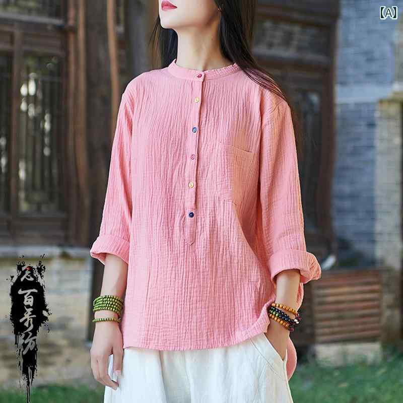 Tシャツ レディース 長袖 クルーネック ストレート トップス 綿麻混紡 柔らか 軽量 無地 切り替え ヴィンテージ エスニック アート風 秋冬 オフホワイト ライトピンク ライトグレー