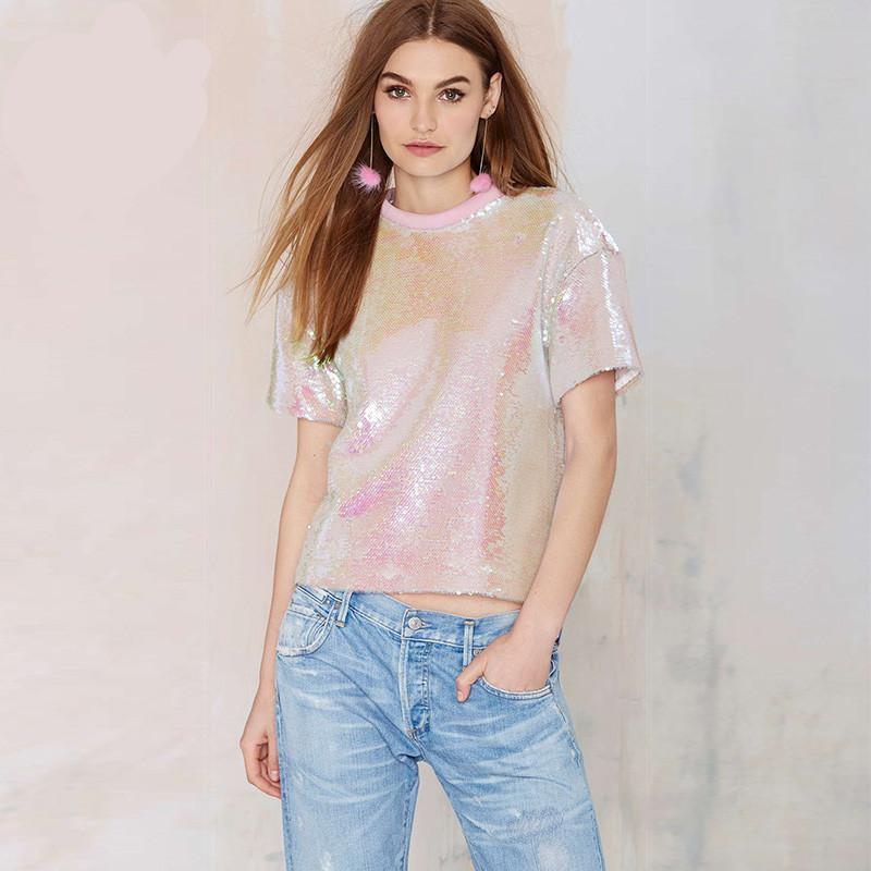 Tシャツ レディース ガーリー ピンク スパンコール 短丈 ルーズフィット 短袖 丸首 刺繍 伸縮性 ポリエステル 無地 春 ステージ ダンス ストリート パフォーマンス 軽量 フレッシュ スイート