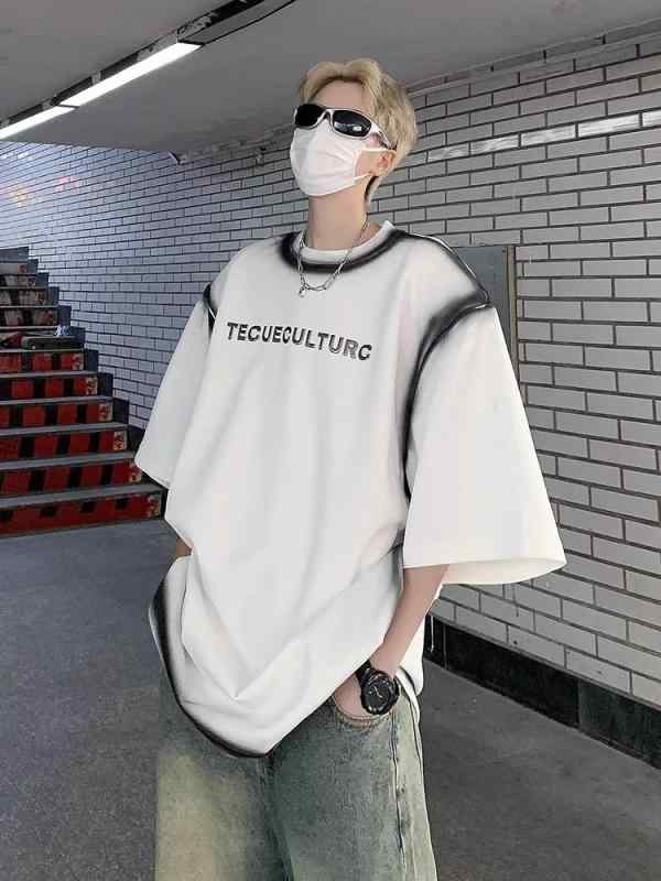 Tシャツ メンズ 夏 短袖 ストリート ヒップホップ ビンテージ タイダイ染め グラデーション グラフィティ柄 金属プリント 3D効果 ゆったりシルエット 綿素材 通気性 ブラック ホワイト