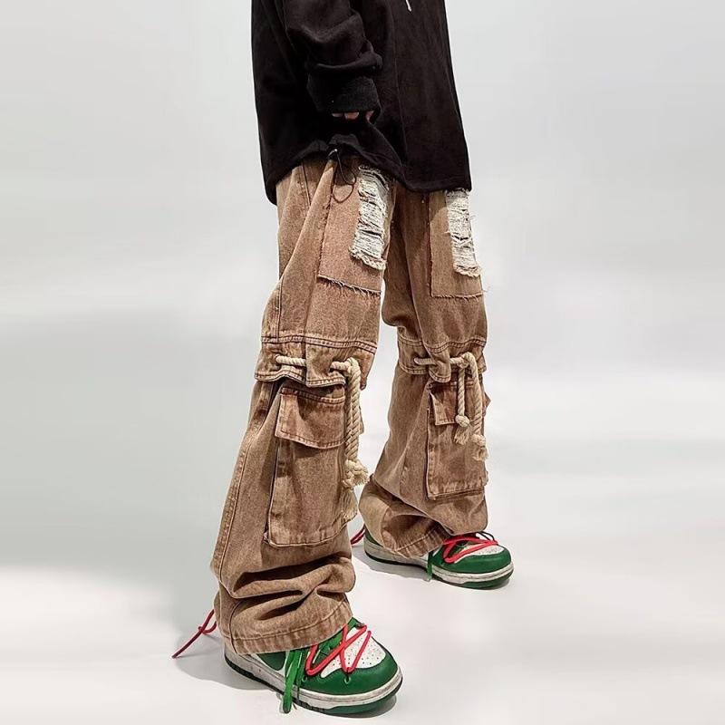 メンズ デニムパンツ ゆったり ストレート ワイドレッグ カーゴ ワーク レトロ デザイン ウォッシュ加工 中腰 ロング丈 マルチポケット ノンストレッチ ポリエステル混紡 通勤用 レジャー向き ブラウン ブラック