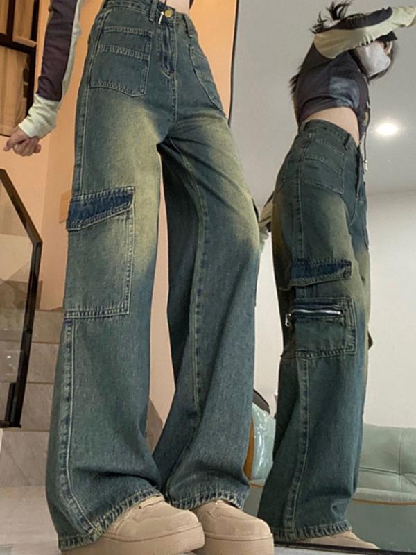 レディース デニムパンツ ワイドレッグ 高腰 ストレート ルーズフィット ロング丈 コットン素材 ミディアム厚 無弾性 多ポケット ジッパー ウォッシュ加工 ボタン ストリートスタイル レトロブルー 秋