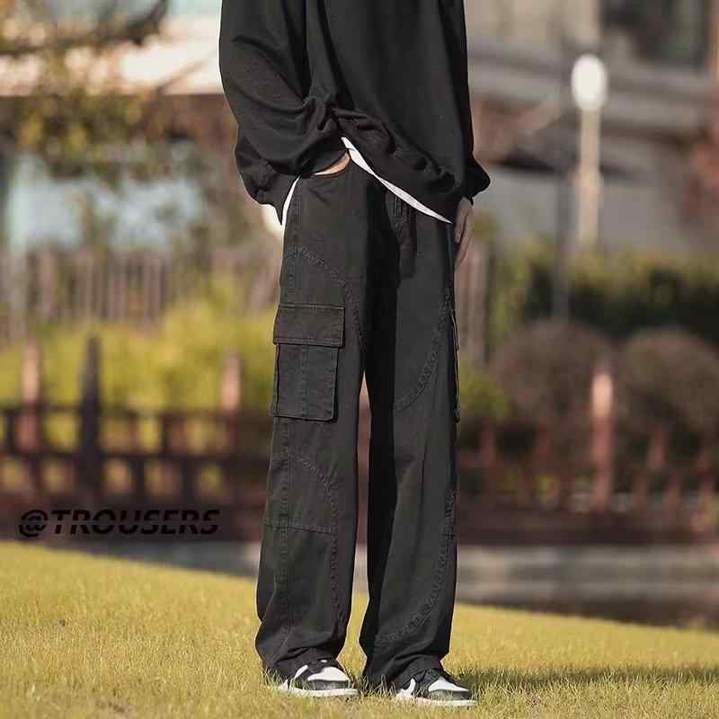 カーゴパンツ メンズ 春夏用 ハイウエスト ワイドレッグ ストレート カジュアル ロングパンツ 多ポケット レトロ アメリカン ストリート スタイル 竹繊維 高伸縮 薄手 無地 グレー ブラック グリーン 普段使い アウトドア
