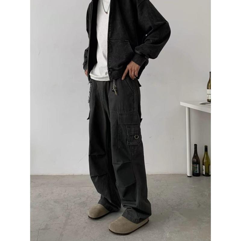 ワークパンツ メンズ コットン ルーズ ワイドレッグ ストレート 春秋 日常使い 多ポケット 中腰 ノーアイロン デザイン ヒップホップ風 ブラック グレー