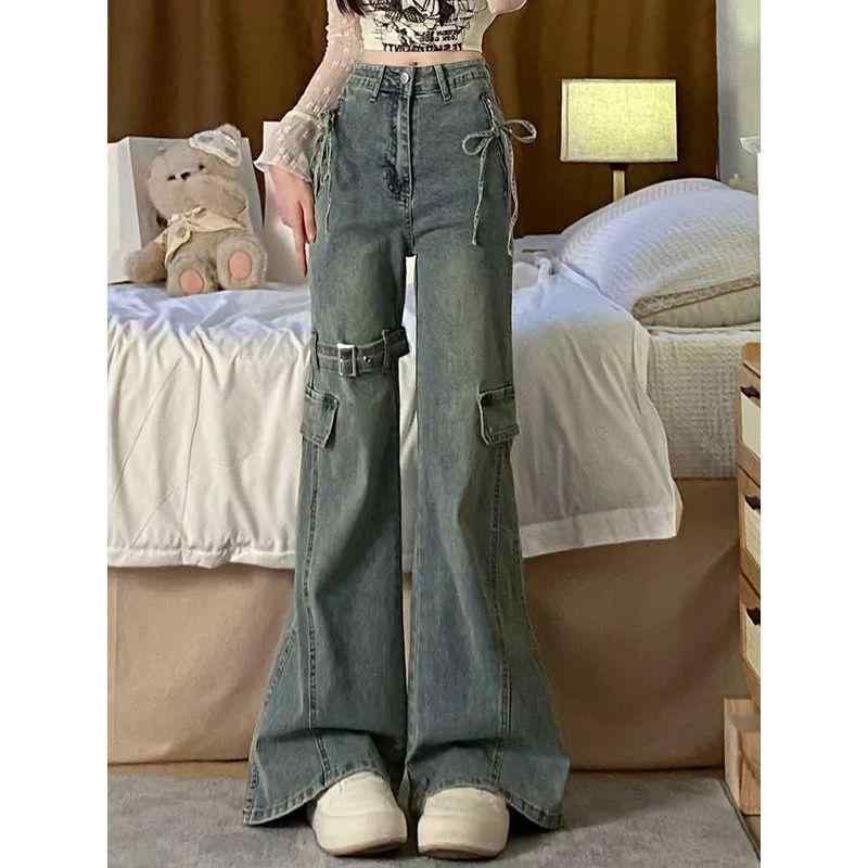 デニムパンツ レディース ハイウエスト 微フレア ロングパンツ 蝶結デザイン 切り替え レトロ 通勤スタイル 綿デニム ストレッチ 中厚手 ウォッシュ加工 スリムフィット ブルー ブラック