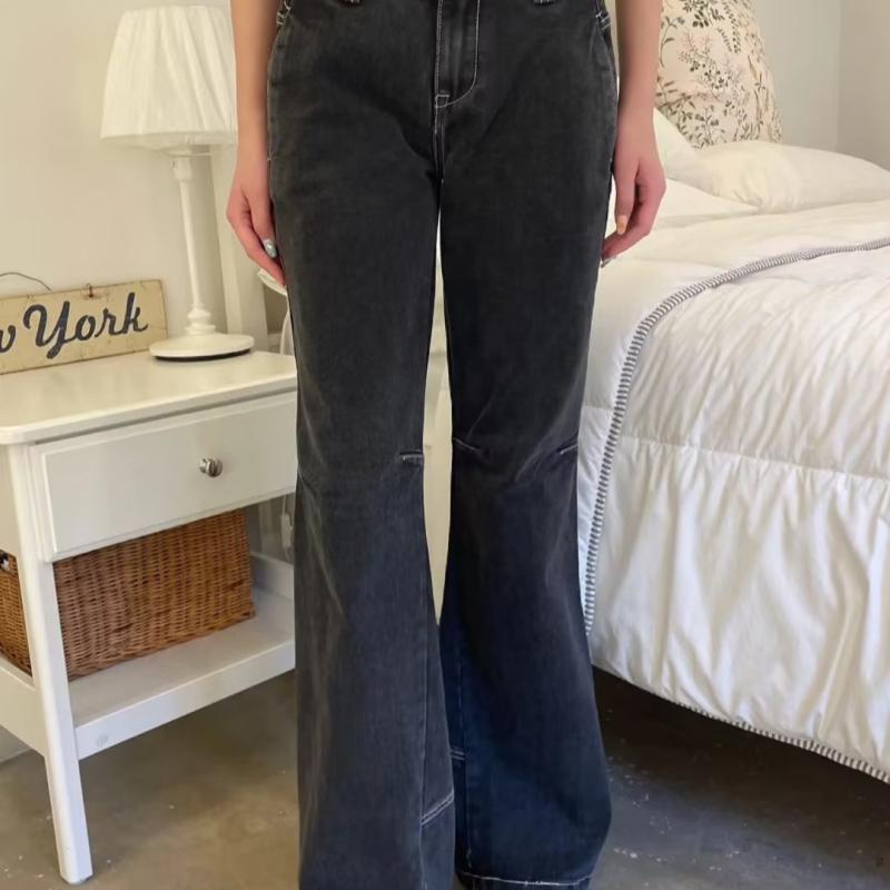 レディース デニムパンツ 高腰 フレア グレー コットン ストレッチ レトロ ヴィンテージ加工 爽やか かわいい 秋 普段使い 軽量 通勤