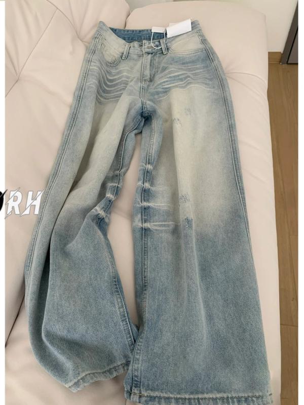 レディース デニムパンツ ワイドレッグ ハイウエスト ゆったり ビンテージ加工 ウォッシュ 薄手 コットン素材 通勤用 ライトブルー ブラック 夏秋
