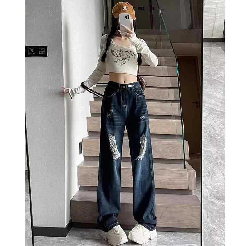 レディース デニムパンツ ワイドレッグ ハイウエスト ディストレス加工 ルーズフィット ドレープ感 ブルーグレー ストレート ロング丈 ストレッチ ポリエステル混 カジュアル ストリートスタイル
