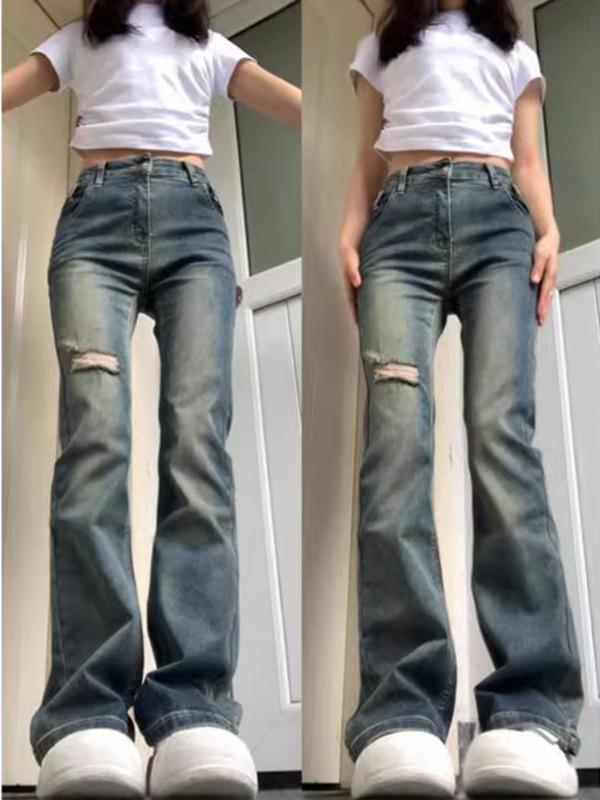 レディース デニムパンツ 高腰 ワイドレッグ 微フレア 破れデザイン ヴィンテージ ブルー 春夏 小柄対応 スリム効果 コットン 中厚 ノンストレッチ ガーリー セクシー ストリート カジュアル 普段使い 4,324円