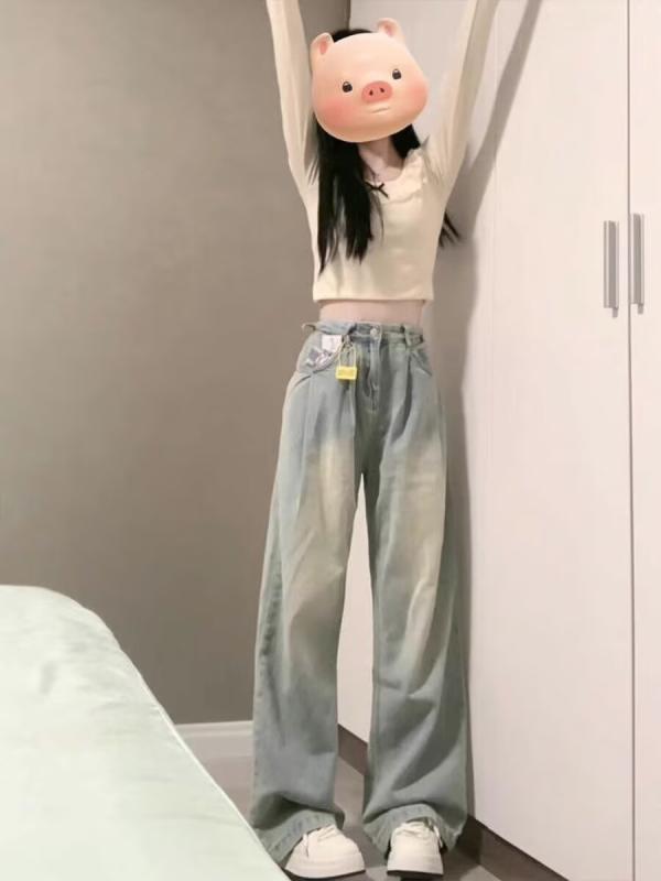 レディース ハイウエスト ワイドレッグ デニムパンツ ルーズフィット コットン素材 ポリエステル混 スリム効果 ストリートスタイル ドレープ感 ブルー ノーアイロン 小柄対応 秋冬