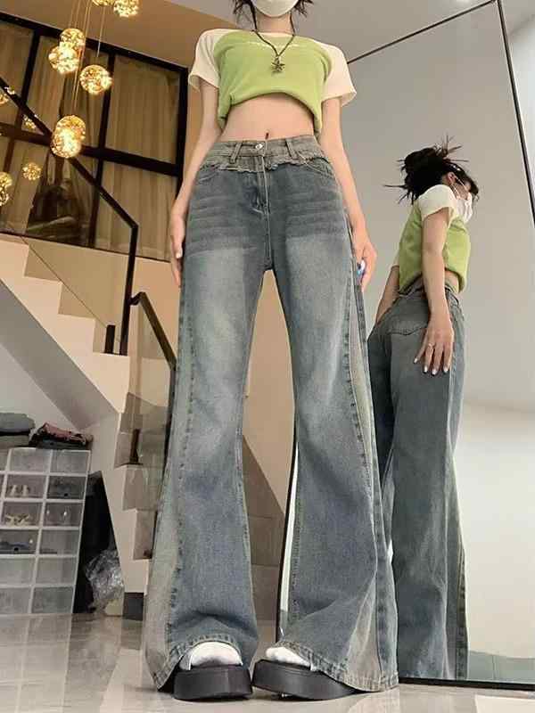 レディース デニムパンツ 高腰 微喇 ロングパンツ 切り替え デザイン ヴィンテージ加工 ストレッチ コットン素材 ブルー 大きめサイズ ぽっちゃり対応 ストリート カジュアル 秋