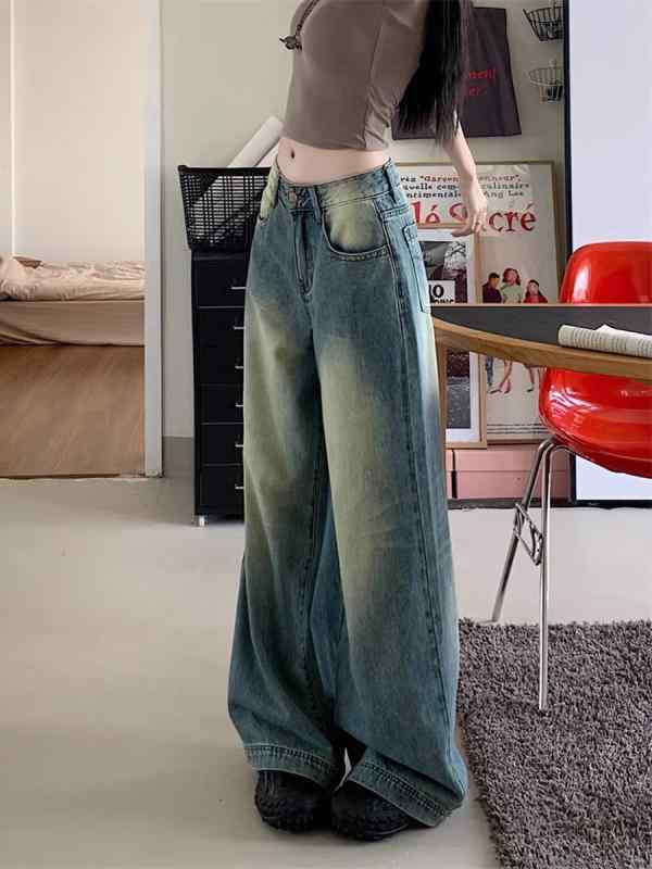 レディース デニムパンツ ワイドレッグ ハイウエスト ストレート ロング丈 ビンテージ加工 ウォッシュ加工 スリム効果 デザイン性 ユニークスタイル ストリートファッション ブルー ストレッチ ポリエステル混 中厚 普段使い 潮人風