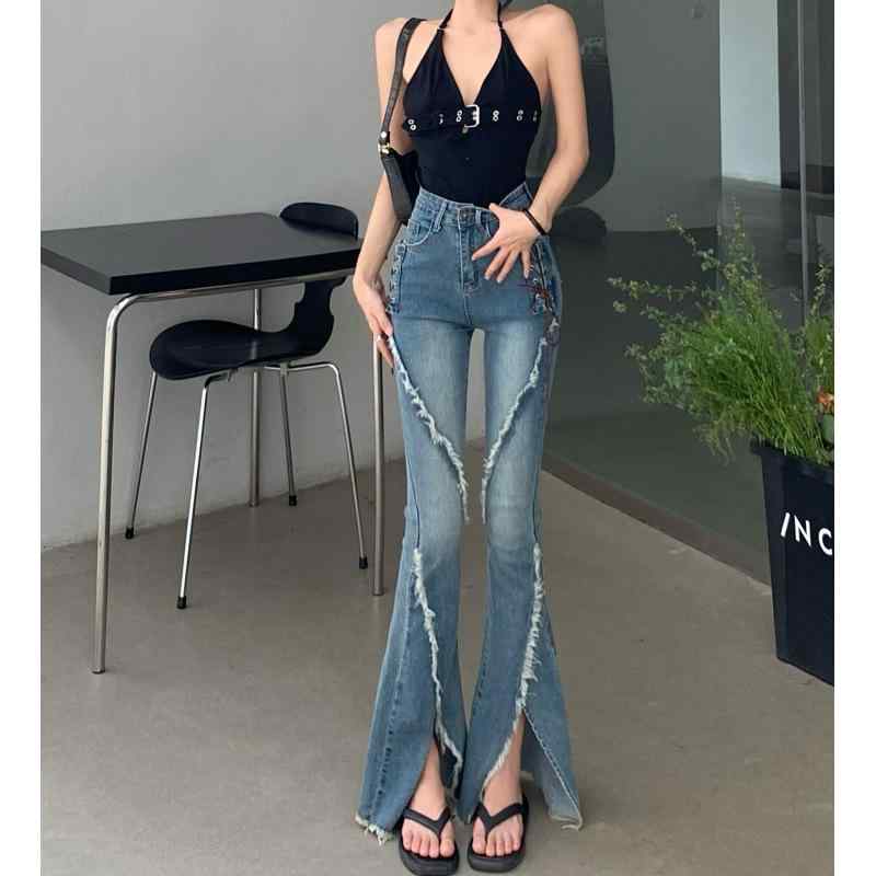 デニムパンツ レディース 夏用 ハイウエスト マイクロフレア ロングパンツ スリムフィット レトロ デザイン スリット タイ付き 通勤スタイル コットン ストレッチ 薄手 ウォッシュ加工 ブルー系 ブラウン系
