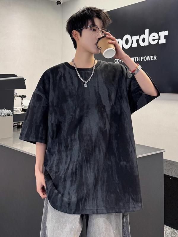 Tシャツ 男性用 夏 短袖 ゆったり レトロ タイダイ染め プリント カジュアル トップス 通気性 吸湿速乾 ポリエステル混紡 ラウンドネック 薄手 日常使い ブラック グレー系