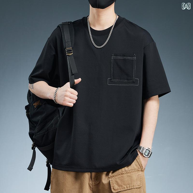 Tシャツ メンズ 夏用 短袖 丸首 ゆったりシルエット ポケット付き ビンテージ ストリート シンプル カジュアル トップス ポリエステル 綿混 伸縮性 薄手 ブラック グリーン ホワイト