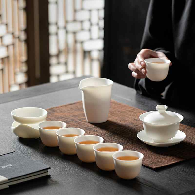 茶器セット 白磁器 純白 マット仕上げ 蓋付き茶碗 シンプルデザイン 6人用 ミニマルスタイル 日常使い ティータイム｜プライムズ商店