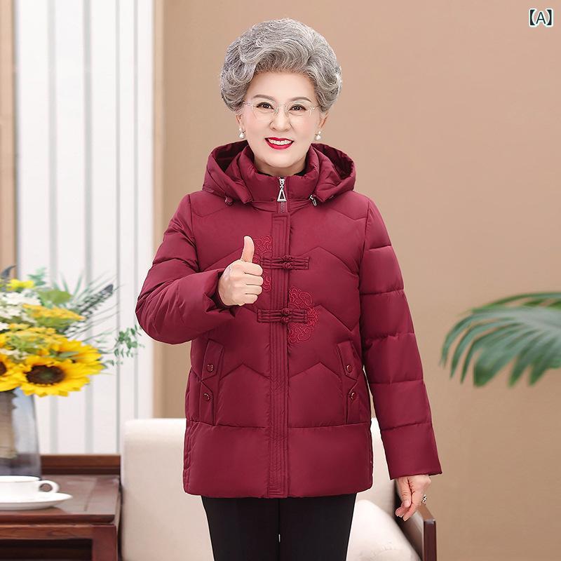 中高年お上さん用 冬 ボンネット付き添い人 中国風 厚地の外套 朦々たる 綿混紡 生あたたかい 通い表現スタイル 精神状態 決まり切った丈 半高領 赤 系 サクラ色 系 紫 系 青色 系 大きめ大きさ