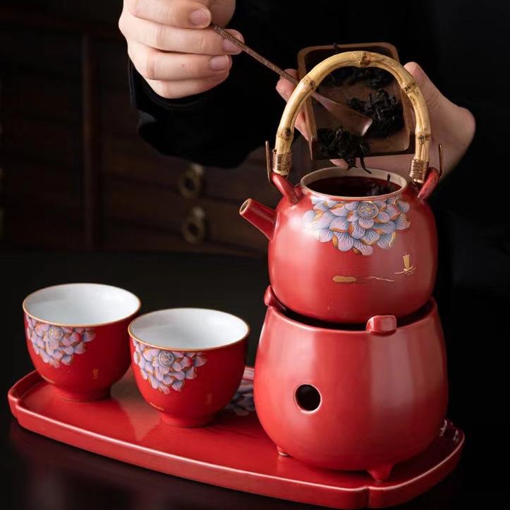 茶器 中国風 赤 陶器 煎茶 持ち手付き急須 ティーポット 5点セット 縁起の良い百年好合デザイン 家庭用 功夫茶器 茶道具 茶盤付き ギフト箱入り 結婚祝い 夫婦へのプレゼント 1~2人用 中華モダン風 釉中彩仕上げ|プライムズ商店