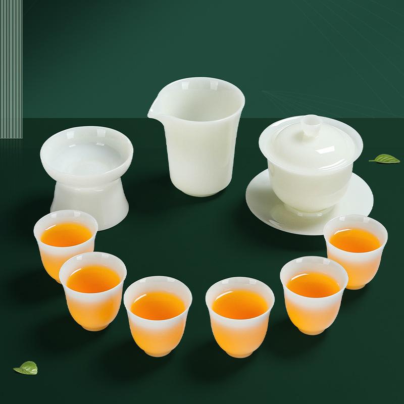 茶器 徳化白磁 羊脂玉風 三才蓋碗 高級感 功夫茶セット 陶磁器 耐熱性 防熱 フィルター機能 来客 おもてなし 普段使い 自宅用 モダン シンプル 6人用|プライムズ商店