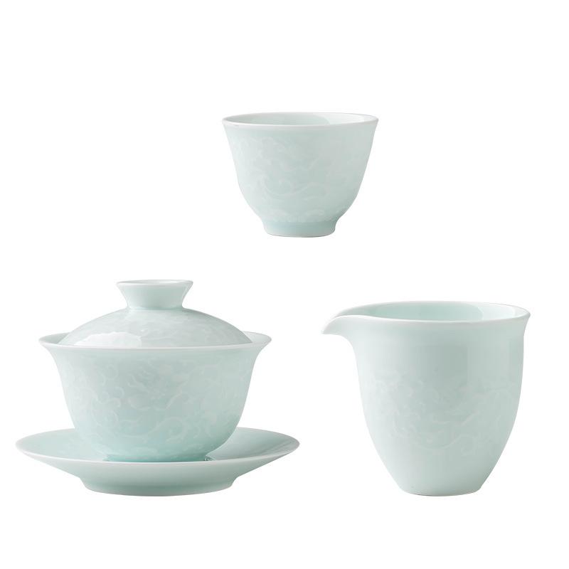 茶器書き割り 新中華風 今めかしい 分かりやすい ミニマリスト 影青磁器 蓋碗 茶杯 湯呑み 急須 功夫茶 身寄り用 6人用 8点書き割り 如意花柄 リビング 呉れて遣る用 差し上げ物
