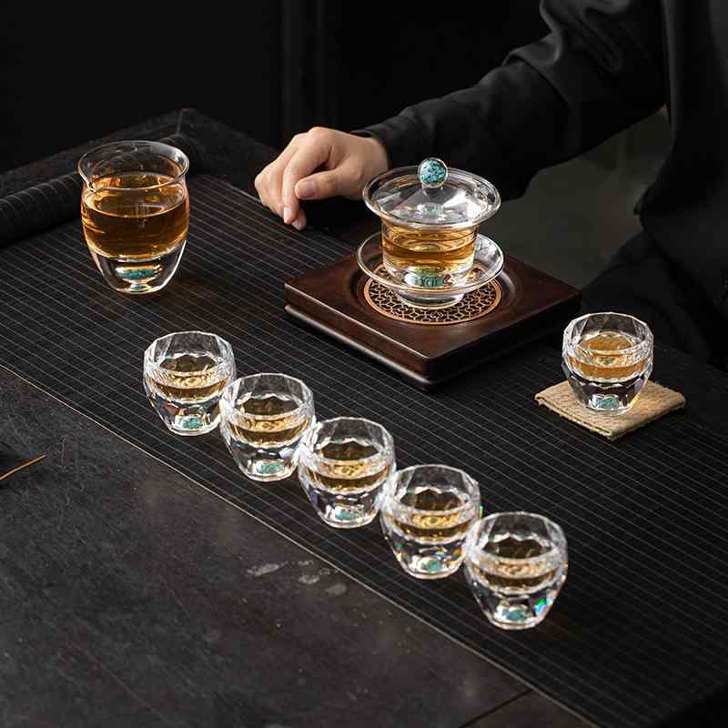 茶具 御前上等感 水晶硝子 澄み切った せつ然たる 蓋碗 茶海 湯呑み 優勝杯 仕掛ける ターコイズグリーン 耐熱硝子 今めかしい 分かりやすい 今めかしい 見舞い客用 かまい付ける おもてなし 6人用