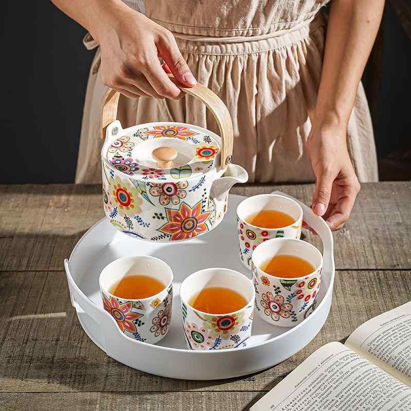 茶道具 夢見鳥 花柄 北欧風 中国風 御前上等感 瀬戸もの製 茶器仕掛ける 急須 湯呑み ポット 茶盤付き添い人 身寄り用 見舞い客用 おもてなし 差し上げ物 差しあげる用 4人用