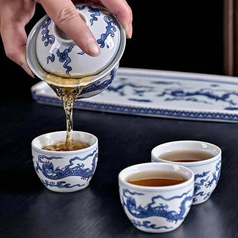 茶器 青花瀬戸もの 染付 瑞龍柄 蓋碗 紅茶優勝杯 湯呑み 3杯書き割り 本格中国茶 身寄り用 お客さん用 旅する用 持ちはこぶ用 周遊 レトロ調 アンティーク風 今めかしい 愛くるしい 瀬戸もの 瀬戸もの