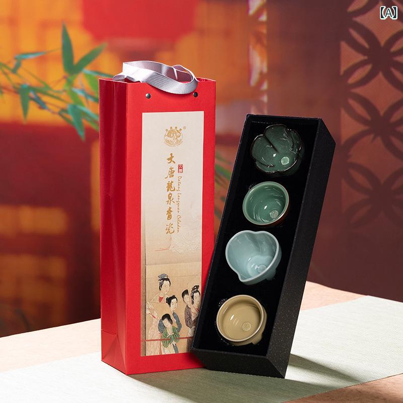 茶器セット 青磁 茶碗 主人杯 功夫茶用 小型 陶器 福禄寿喜柄 家庭用 中華風 耐久性 日常使い(x2)