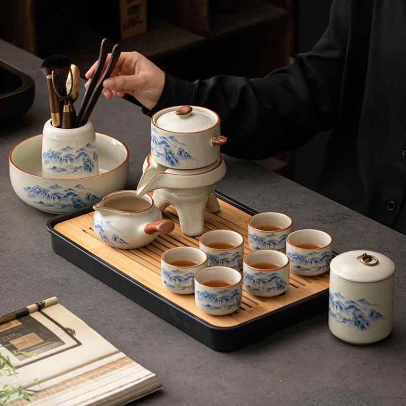 茶具書き割り 瀬戸もの 急須 茶碗 茶トレ 身寄り用 事務室用 かまい付ける用 中華風 今めかしい 分かりやすい 6人用 釉下彩 緑山柄
