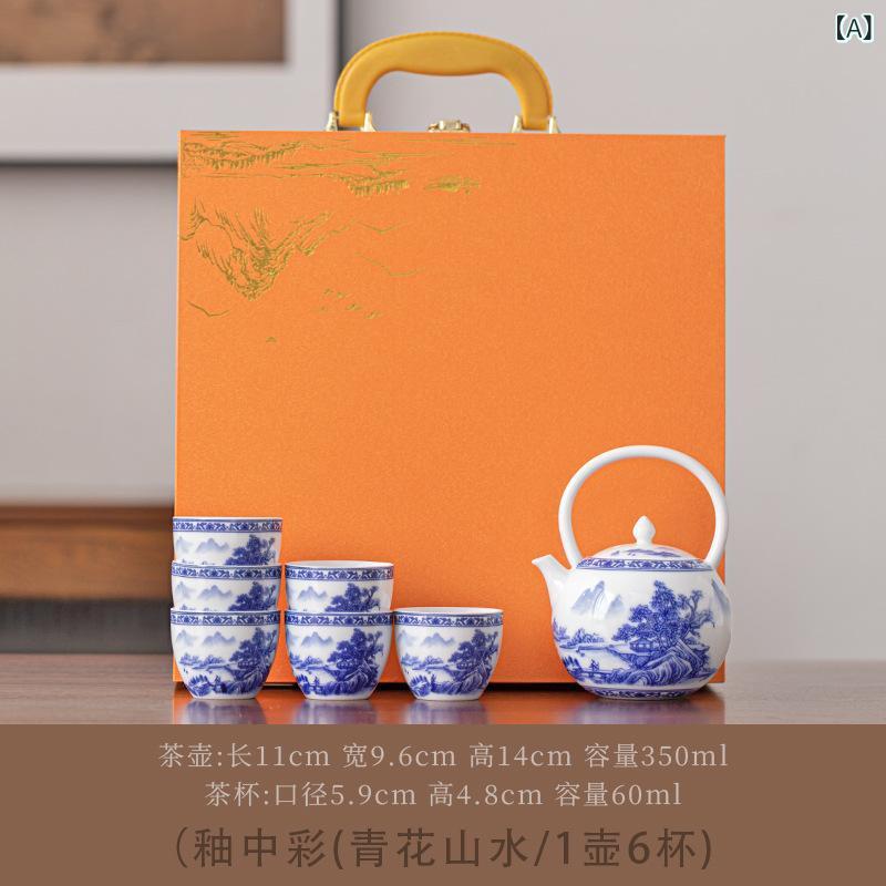 茶具書き割り 中華風 瀬戸もの 青花瀬戸もの 景観柄 大静電容量 手持ち部分付き添い人茶壺 6人用 大優勝杯 お盆 身寄り用 茶道用 分かりやすい 御前上等感 日常使い走り
