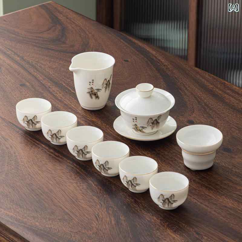 茶具書き割り 瀬戸もの 三才蓋碗 功夫茶用 家用茶杯 品茗杯 今日このごろ分かりやすい 釉上彩 見晴らし柄 竹柄 6人用 日常使い走り 紅茶ひと休み
