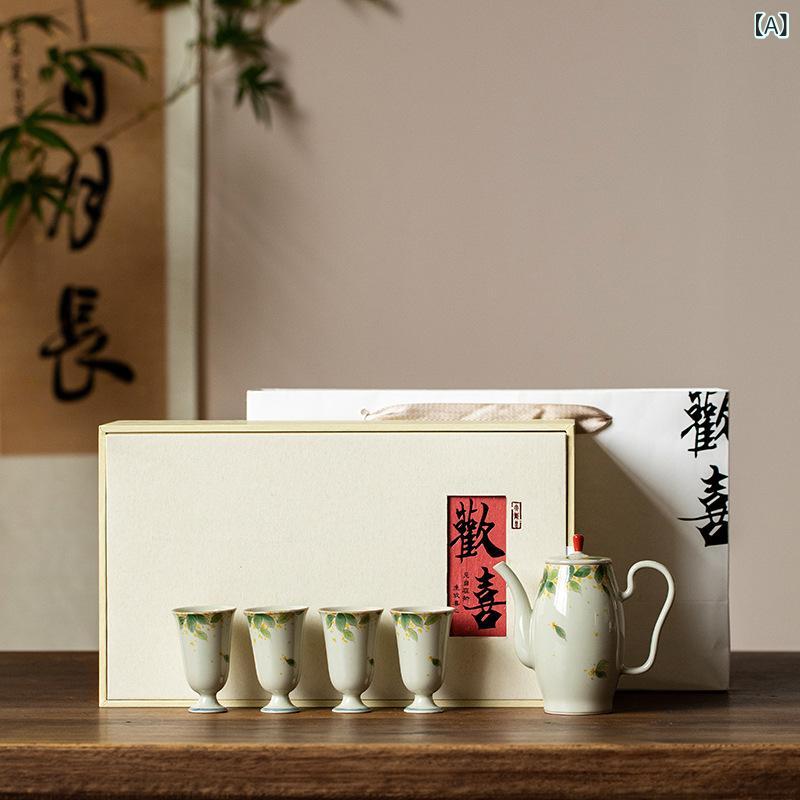 茶具書き割り 墨付き キンモクセイ柄 貴妃壺 中華風 宋風 白磁 茶壺 茶杯 功夫茶 4人用 身寄り用 御前上等感 返り咲き 軽さ 日常使い走り