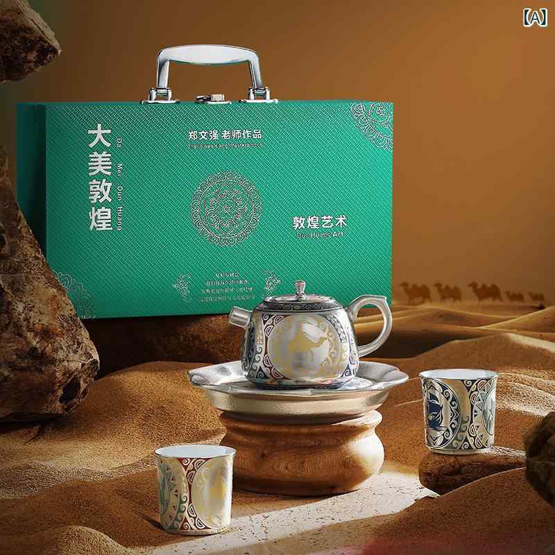 茶具書き割り 中華風 敦煌画題 功夫茶 一壺二杯 銀メッキ工業 瀬戸もの 御前上等感 言い慣わし芸術 日常使い走り おもてなし 2人用