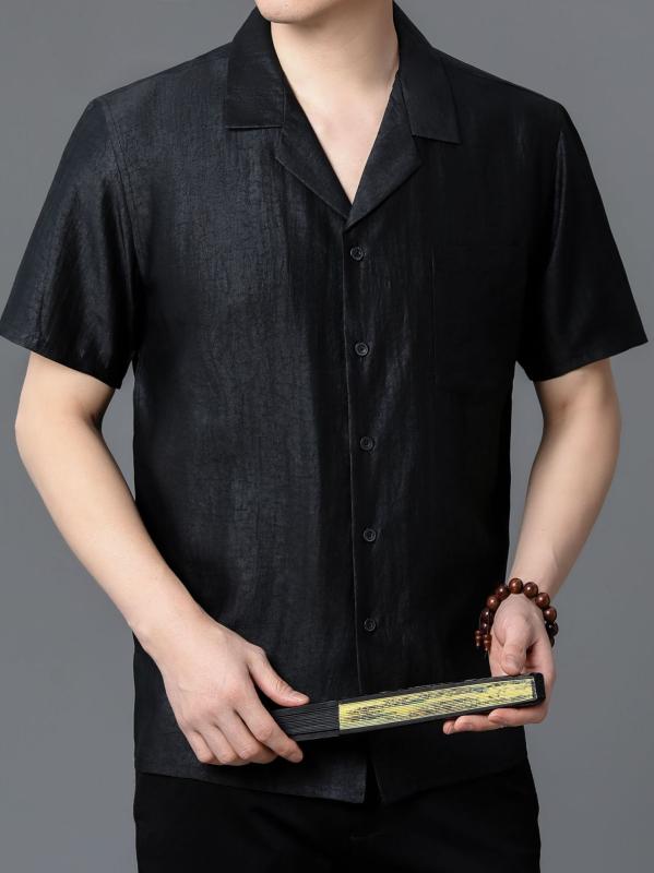 メンズ 唐装 短袖シャツ 復古 中高年向け 夏用 100%真絲 ブラック 宴会 フォーマル 手織り 滑らかな肌触り 高級感 トップス｜プライムズ商店