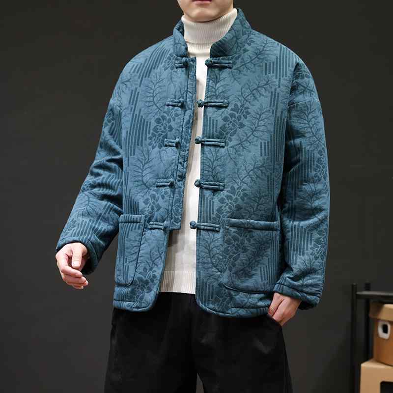 厚地の外套 メンズ 馬鹿でかい大いさ 秋冬 瀬戸もの色合い レトロ 朦朦たる 保温 綿織物混紡 ジャカード柄 ノン鉄 心地好い 日常使い走り 流行り 若い者 薄墨色系 黒いこと
