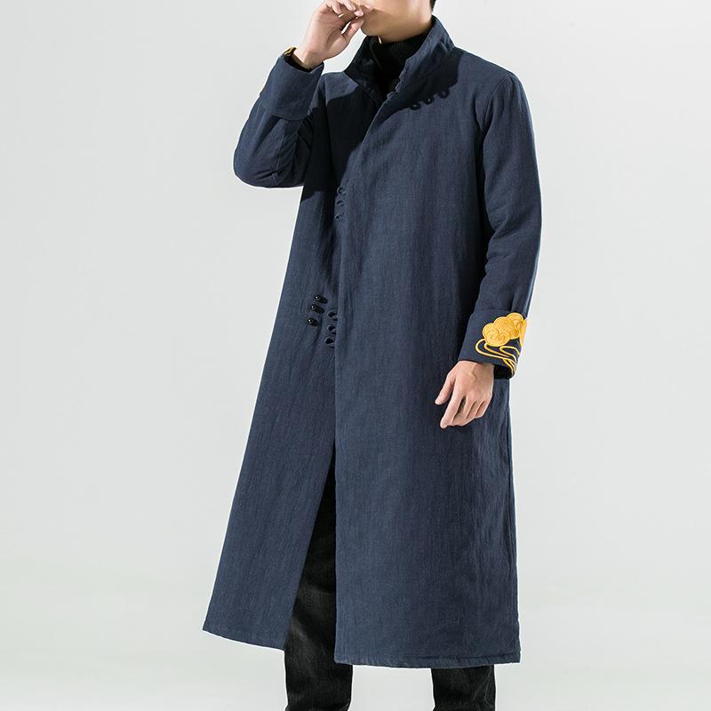 メンズ 冬用 ロング丈 膝上厚地の外套 中華風 組みかえる漢服 返り咲き絵図面 綿麻原料品 心地よい アウター 黒 紺色 大時代 茶禅表現スタイル 情の籠もった 軽さ 普段使い