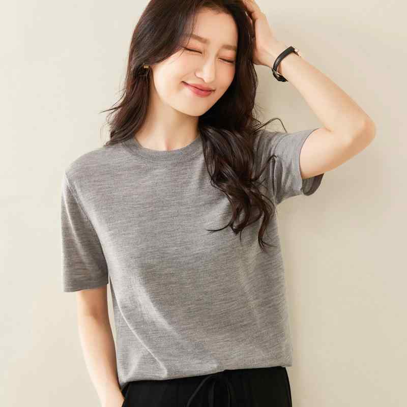 Tシャツ 春夏 120ゲージ 超極細 ファインウール シルケット加工 クルーネック 半袖 ゆったり なめらか 肌触り オフィス カジュアル トップス ブラック グレー ブルー ホワイト