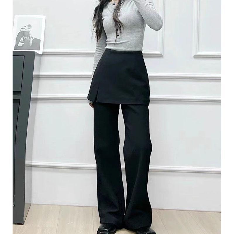 スカートパンツ レディース 秋冬 厚手 微ラッパー フェイクツーピース エレガント ニット 伸縮性 ブラック 長丈 カジュアル シック 私服 スタイル｜プライムズ商店