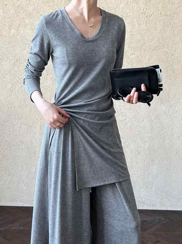 レディース 春 長袖 Tシャツ ワイドレッグ ロングパンツ セット 切り替え デザイン スリット リボン ディテール 中長丈 ゆったり スタイル 無地 ポリエステル 混紡 グレー カーキ ブラック カジュアル 日韓風｜プライムズ商店