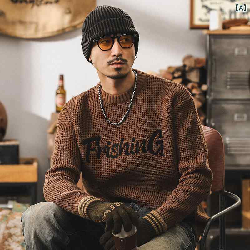 ニットセーター 男性用 レトロ 粗編み パイナップル柄 秋冬 加厚 カジュアル ゆったり 丸首 長袖 綿 アクリル 混 カーキ ブラック グレー 普段使い ノンアイロン｜プライムズ商店