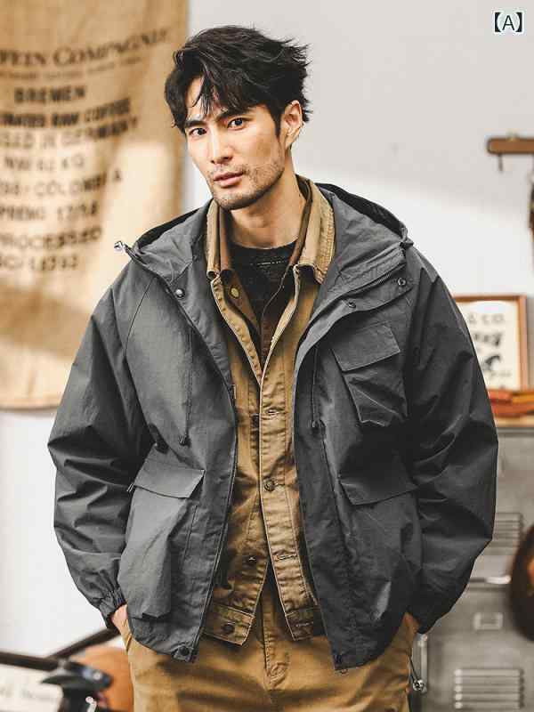 ジャケット メンズ レトロ アメカジ ワーク コーチ ルーズフィット 防水 フード付き 長袖 多ポケット アウトドア 秋用 ナイロン素材 耐風 耐摩耗 グレー レッドブラウン ブラック｜プライムズ商店