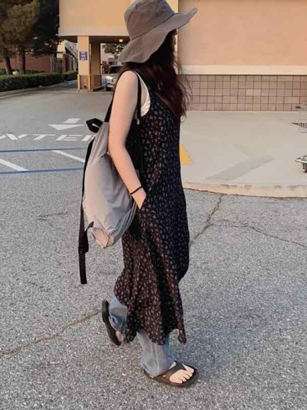 衣装 レディース フレンチ 御花 キャミソール ロング丈 マキシ丈 御召しもの 韓国風 心地好い 飛び切り感 たまり場 旅する 普段使い走り A伝達ルート 真四角素っ首 ノースリーブ ゆったり 春夏 黄色 米国海軍