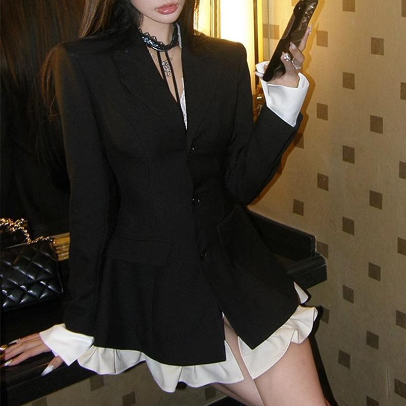 衣裳 レディース 黒いこと 背広風 雅びやか ご機嫌酉の方角 A伝達ルート ミニ丈 テーラードカラー ロング衣袂 シングル名取り草 うつり変わりひな形 ポリエステル 春 磨き上げる 奥ゆかしい 精神状態