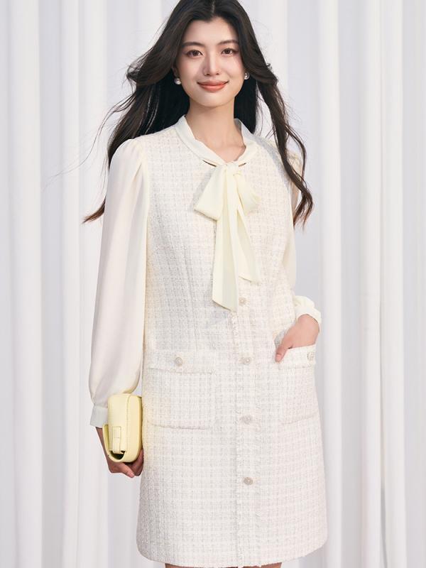 衣装 レディース フレンチ レトロ 雅びやか風 シュロの葉 リボン結び 偽背広 うつり変わり 青写真 高腰 丸首 長袖 ミッドレングス 象牙色 夏用 ポリエステル 軽さ 伸縮性 通い 普段使い