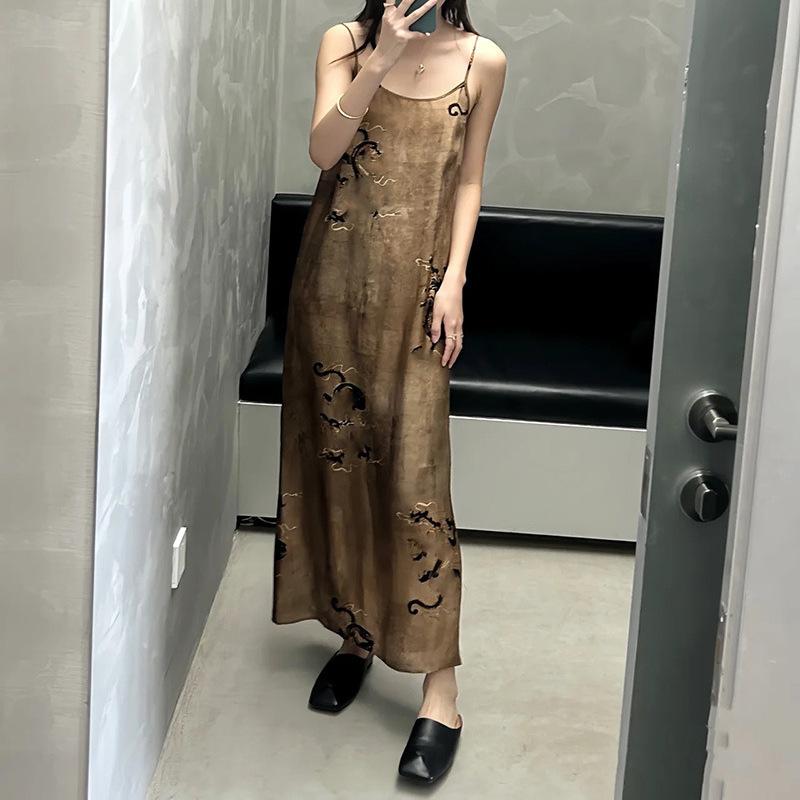 衣装 レディース 夏 キャミソール ロング A生産ライン Uのど首 無袖 中腰 刷り上げる 刺しゅう うつり変わり色合い ポリエステル 古典派音楽 雅びやか マルチ色合い