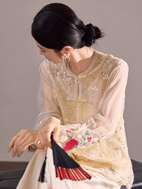 レディース 中国風 絹 刺繍 花柄 ビーズ スパンコール 切り替え シャツ ベスト 2点セット 長袖 トップス 復古 カジュアル スタイル|プライムズ商店
