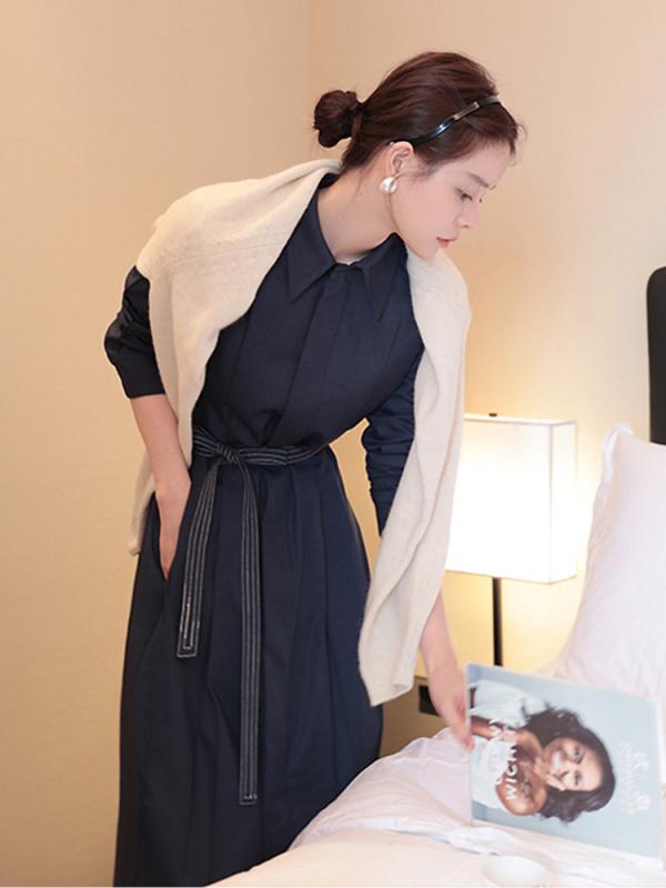 ワンピース レディース 長袖 Aライン シャツカラー ネイビー ゆったり ポリエステル 夏 ウエストベルト 切り替え デザイン エレガント 高級感 クール ベーシック スタイル カジュアル 名媛 風｜プライムズ商店