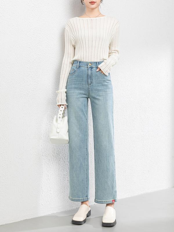 デニムパンツ レディース ハイウエスト 9分丈 ストレート ワイドレッグ カジュアル 韓国風 ライトブルー ブルー 綿混 ストレッチ ウォッシュ加工 秋用 普段使い 軽量 快適｜プライムズ商店