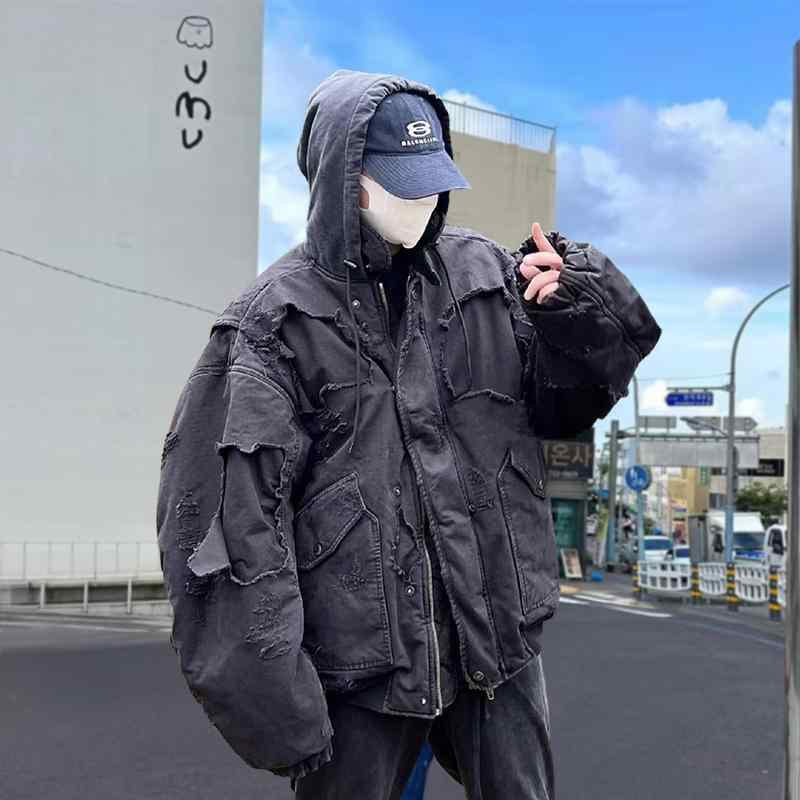 メンズ フード付き ジッパー ジャケット ルーズフィット 綿 厚手 保温 アウター ブラック 秋冬 カジュアル ストリート スタイル サイドポケット ノンアイロン 加工|プライムズ商店