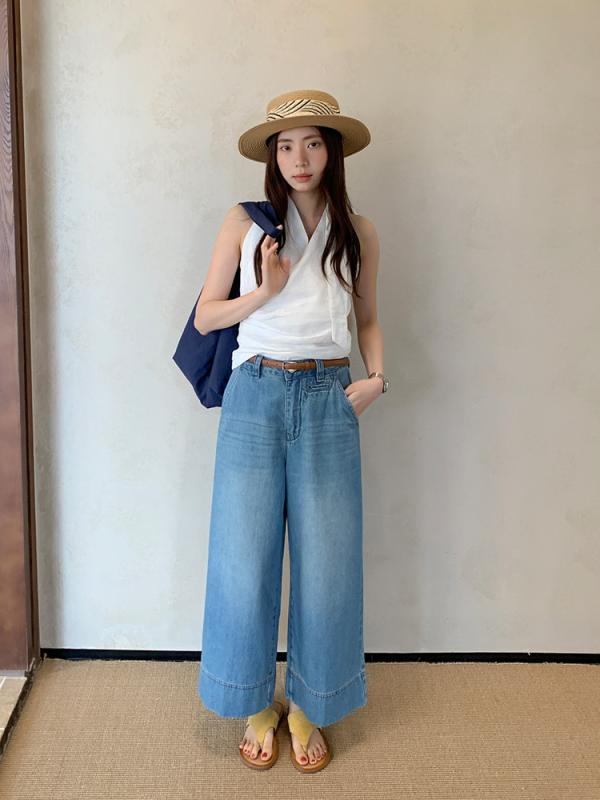 ジーンズズボン下 レディース ご機嫌酉の方角 九分丈 ワイドレッグ ゆったり 細押し出し 綿織物100% 夏用 グラデーション色つや ジーンズ青み 心地好い表現スタイル